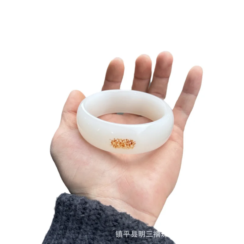 Xinjiang , Natural Bangle, Golden Thread Hotan Jade Round Bracelet, Sugar White