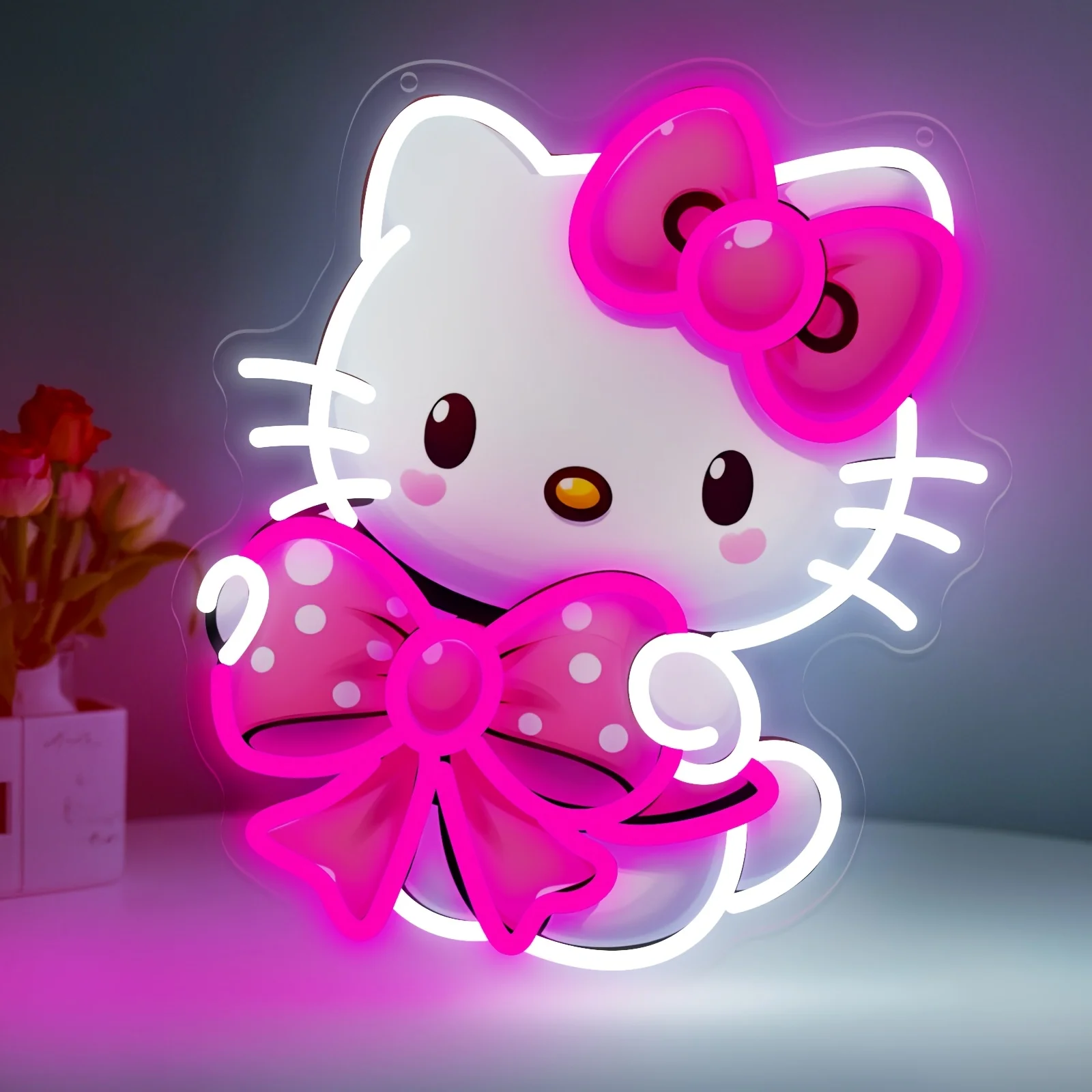 

Светодиодная неоновая вывеска Hello Kitty с розовым бантом Sanrio, с регулируемой яркостью, питание от USB, милый настенный светильник для комнаты девочки, подарок на день рождения, декор для вечеринки
