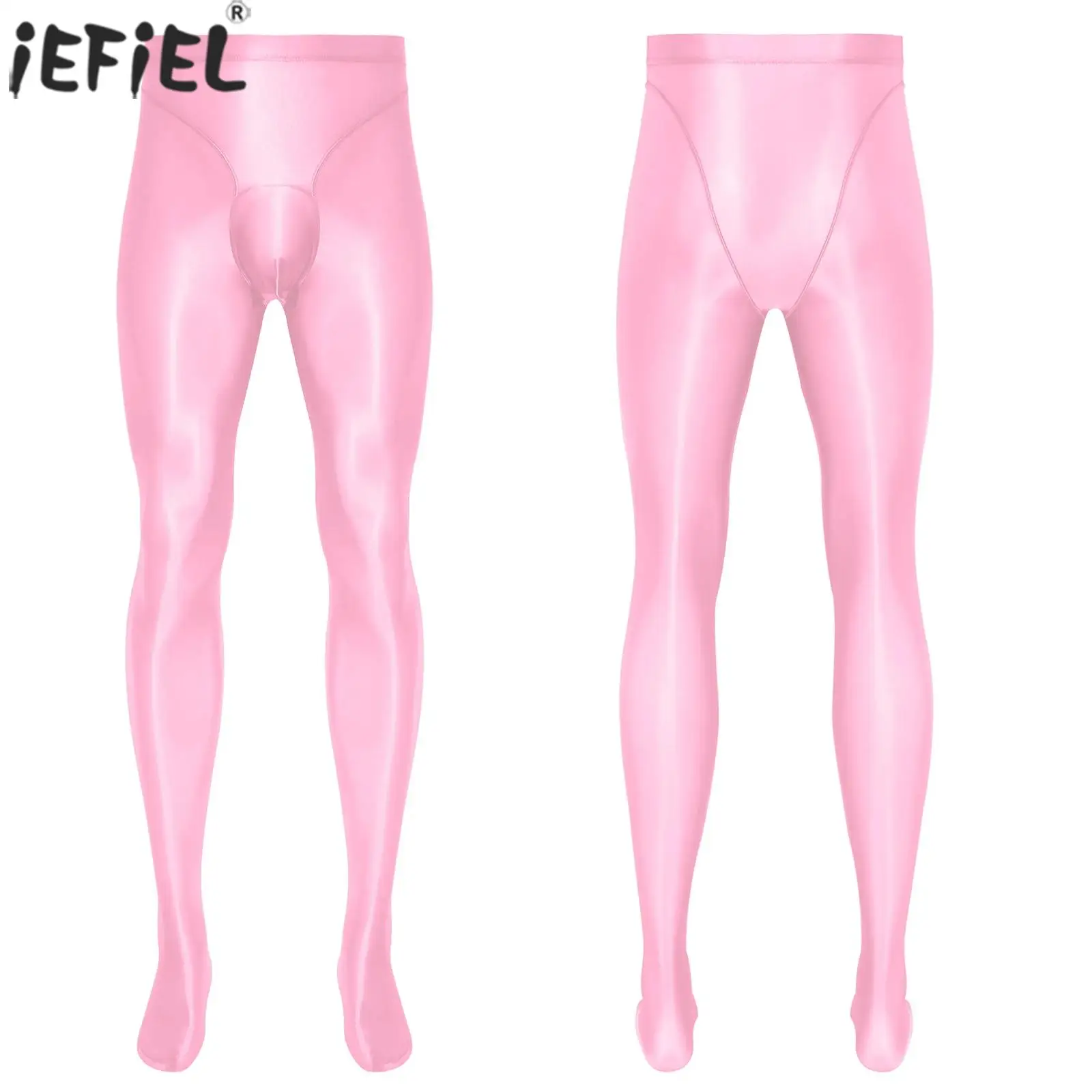 

Men's Glossy Pink Pantyhose Tights Sheer Mesh Thin Sexy Bulge Pouch Footed Leggings Yoga Running Workout Tights Outfit Accessory