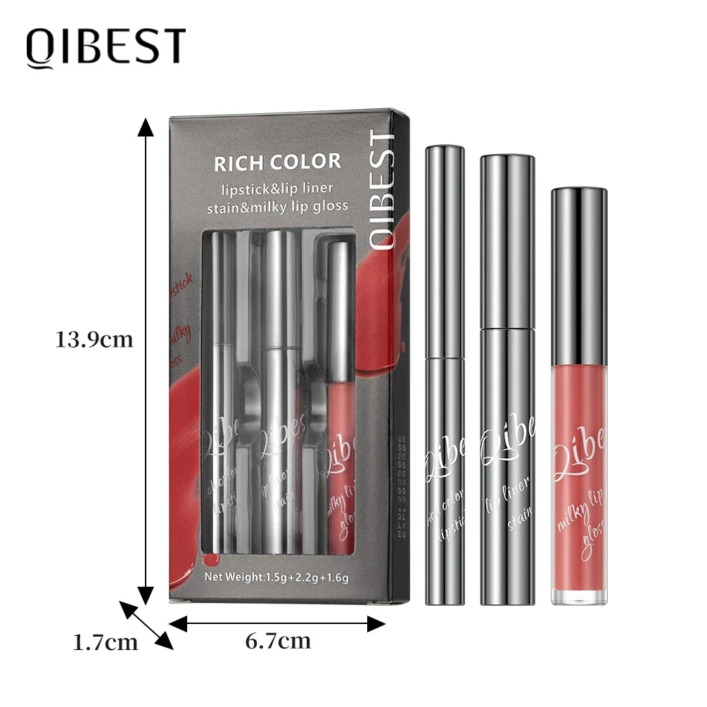 QIBEST 3 個のリップメイクアップキットには、リップステイン、ティアオフリップライナー、リップグレーズ持続化粧品ヌードマットベルベット液体口紅が含まれます