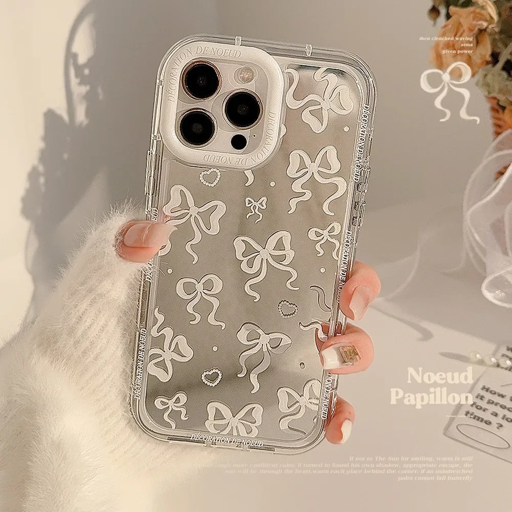Casing ponsel pita mutiara lucu, pelindung belakang HP pola hati cermin untuk iPhone 15 14 Plus 13 12 11 Pro Max X XS XR tahan guncangan - AliExpress 202192403