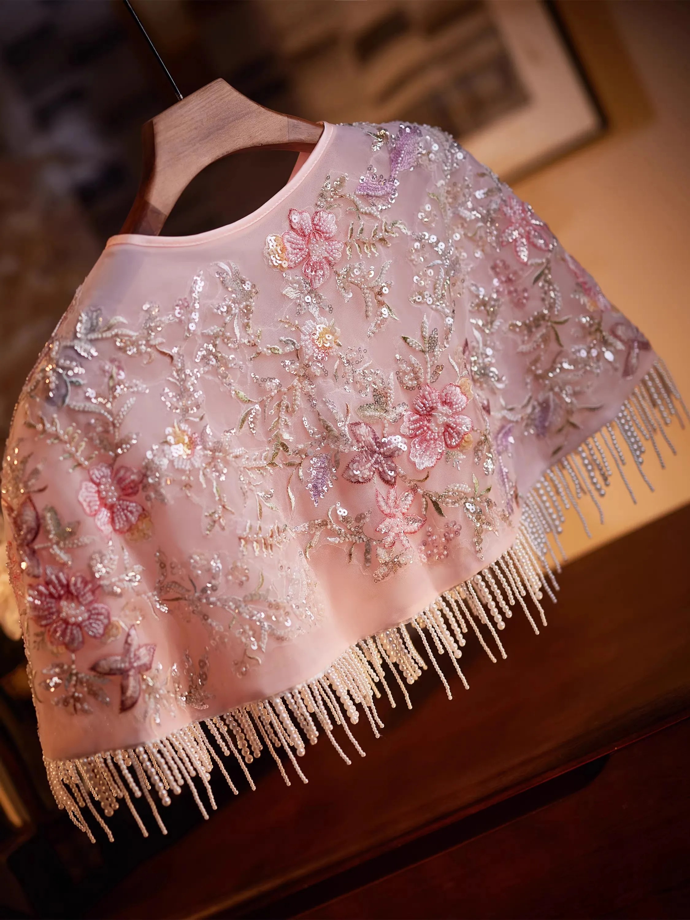 Women's Vintage Beaded Flower Embroidery Pink Tassel Pashmina Female Chinese Style Show Cosplay Party Shawl Cloak Collar R3238