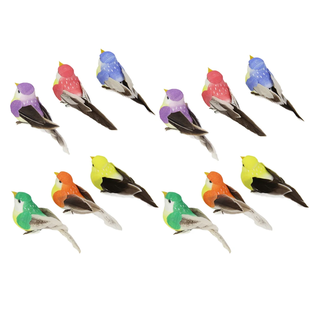 12 Pieces Multicolored Artificial Feathered Foam Birds, DIY Crafts Ornament, for