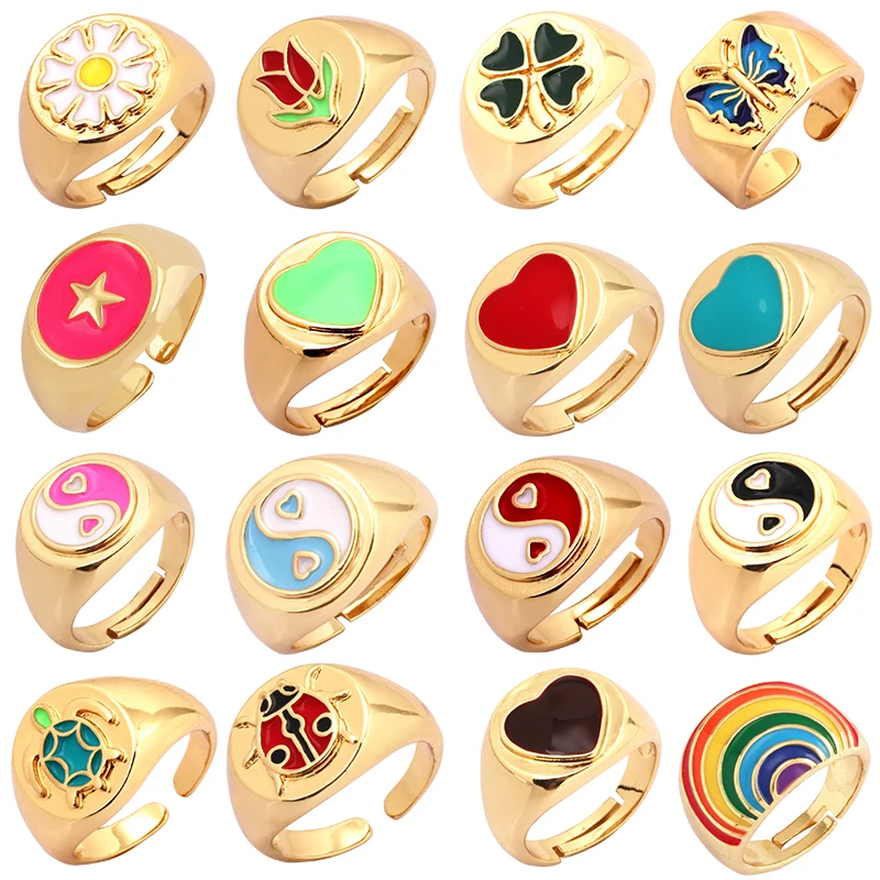 Daisy Flower Ladybug Butterfly Heart Taiji Clover Finger Ring Antique Grandma\'s Women\'s Adjustable Ring Girl Party Jewelry P32
