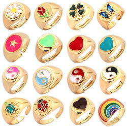 Daisy Flower Ladybug Butterfly Heart Taiji Clover Finger Ring Antique Grandma's Women's Adjustable Ring Girl Party Jewelry P32