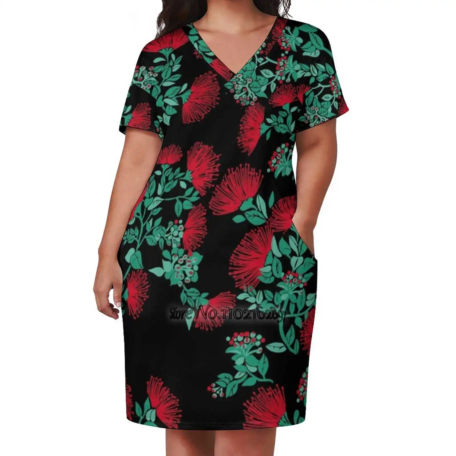 

Red Hawaii 'Ohi'A Lehua On Black Elegant Fashion V-Neck A-Line Skirt Comfortable High Quality Women Clothing Dress Red Lehua