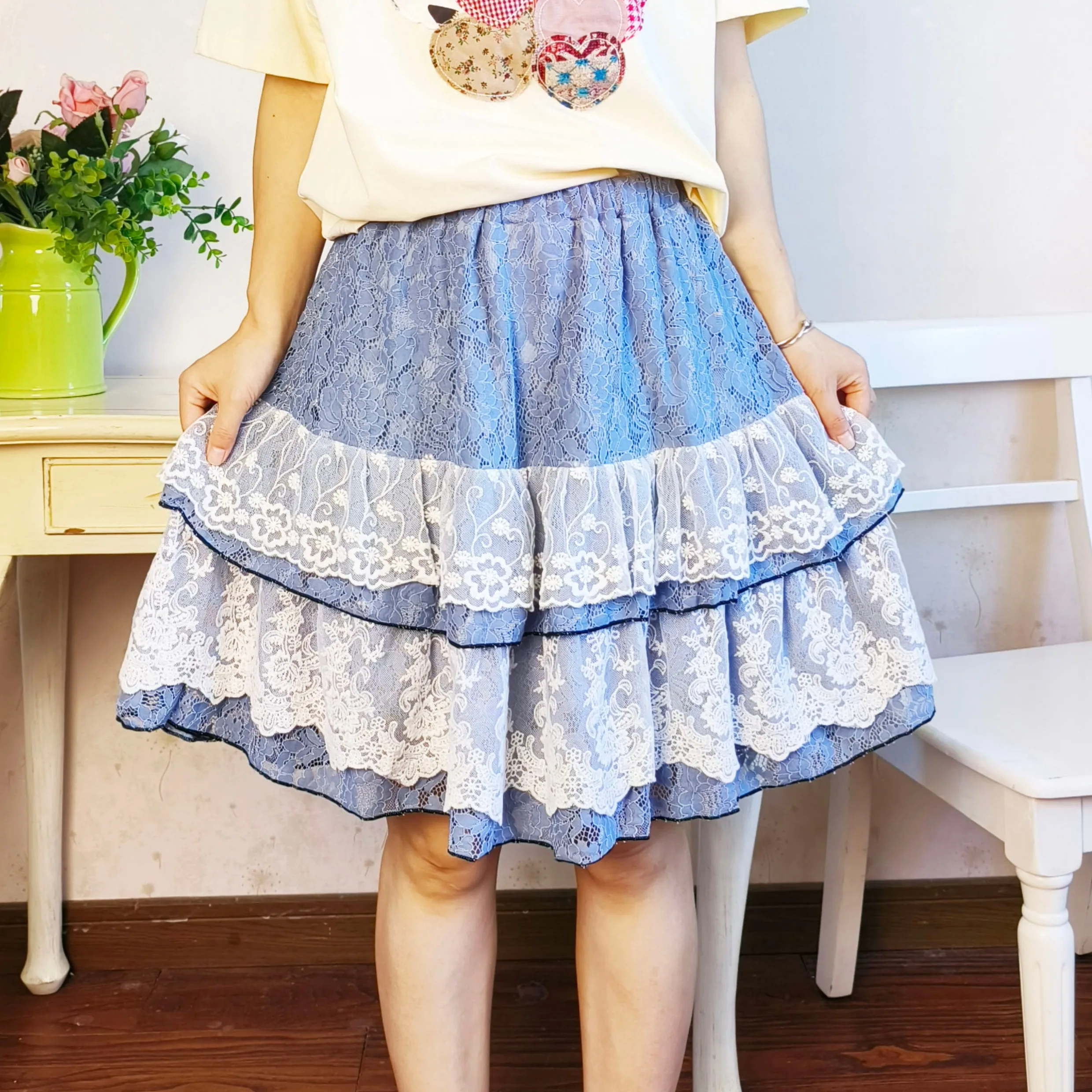 Mori Girl Vintage Sweet Lace Patchwork Mini Skirt Women Japan Style Kawaii Elastic Waist Double Layer A-line Skirts