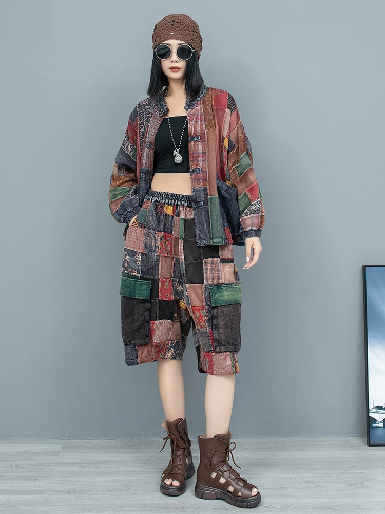 Spliced Plate Button Cardigan Long Sleeved Coat + Capris Pant Two Piece Set Women Outfit 2024 Summer Fashion Short Set LX1550