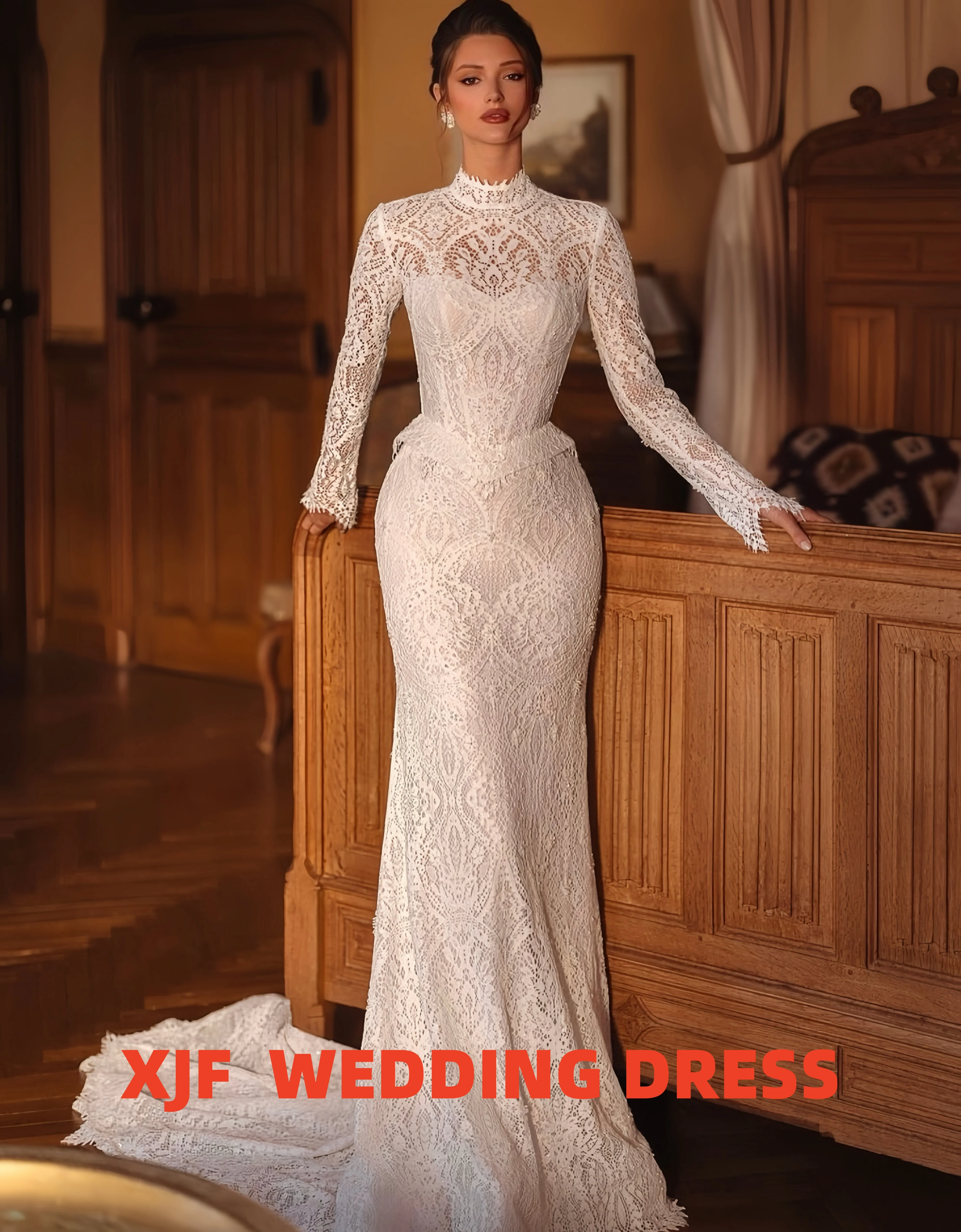 

Сексуальное свадебное платье по индивидуальному заказу с высоким воротником и длинными рукавами, кружевное свадебное платье русалки, платья de novia