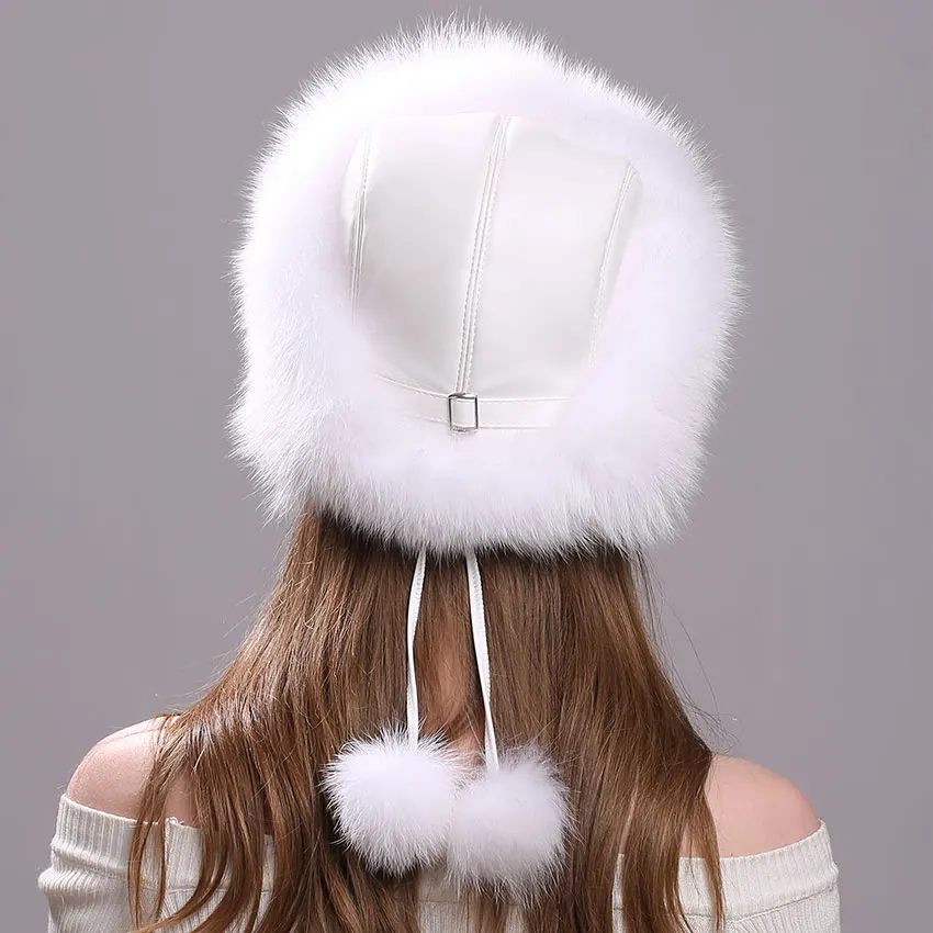 Real Fox Fur Hat for Women with Leather Top Mongolian 
