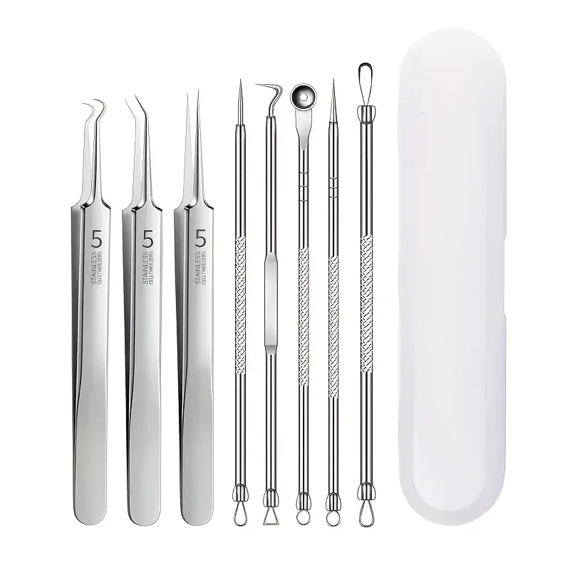 8Pcs Stainless Steel Blackhead Extractor Kit, Facial Blemish Care Tools Set, Portable Skin Cleansing Beauty Tools