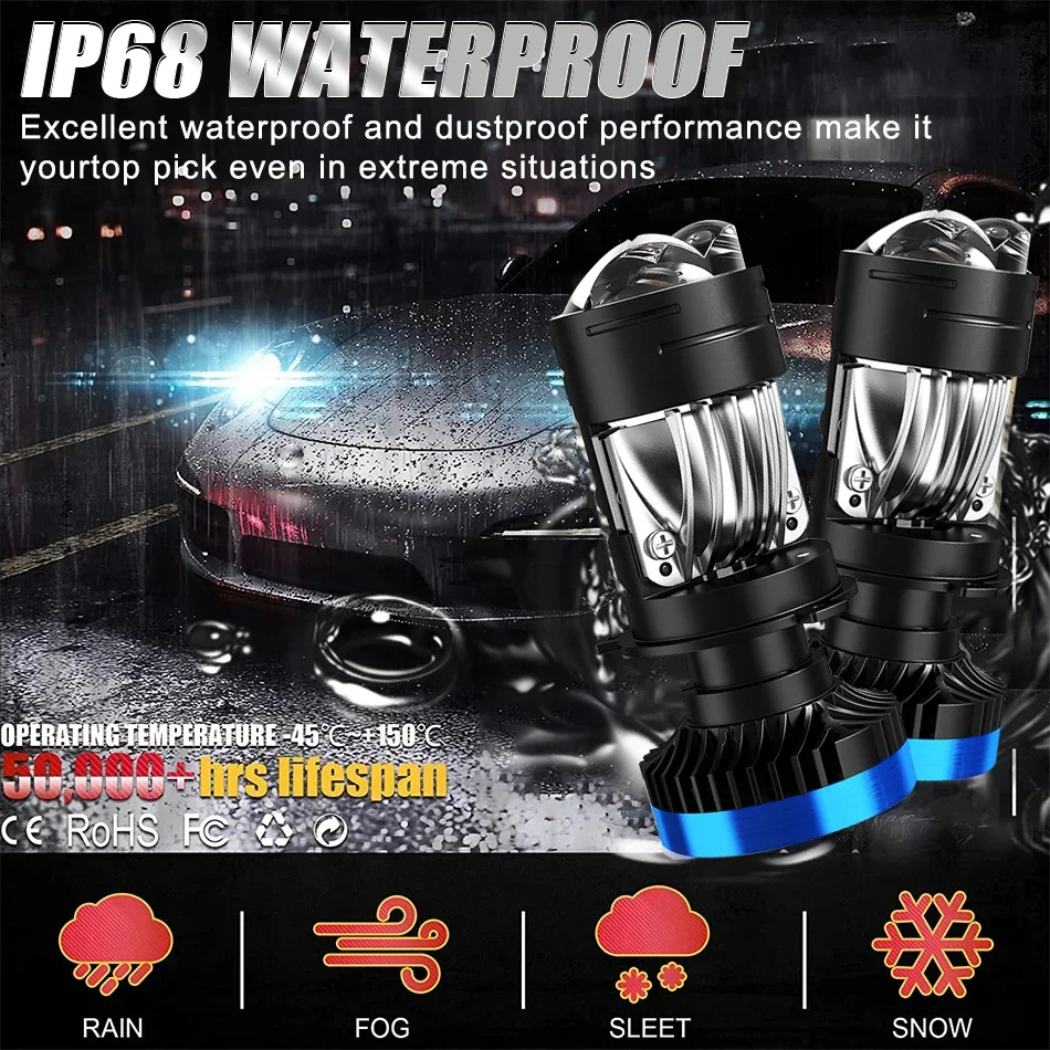 キャロリンカー H4LED ヘッドライト、ハイビームとロービームを統合、レンズ付き電球、超高輝度スポットライト、55W100W デュアルレンズ