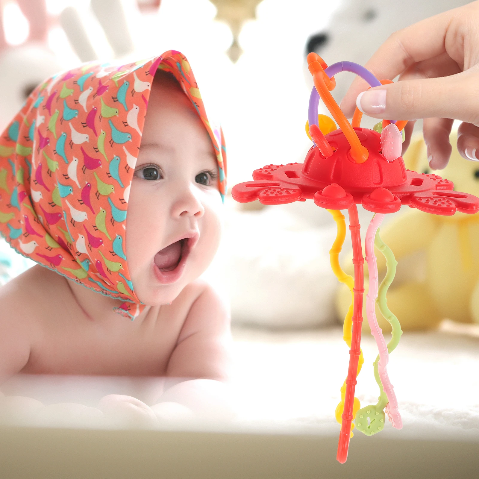 

Silicone Pull String Teether Cartoon Sensory Teething Toddler Interactive Baby Motor Skill Development Soft Elastic