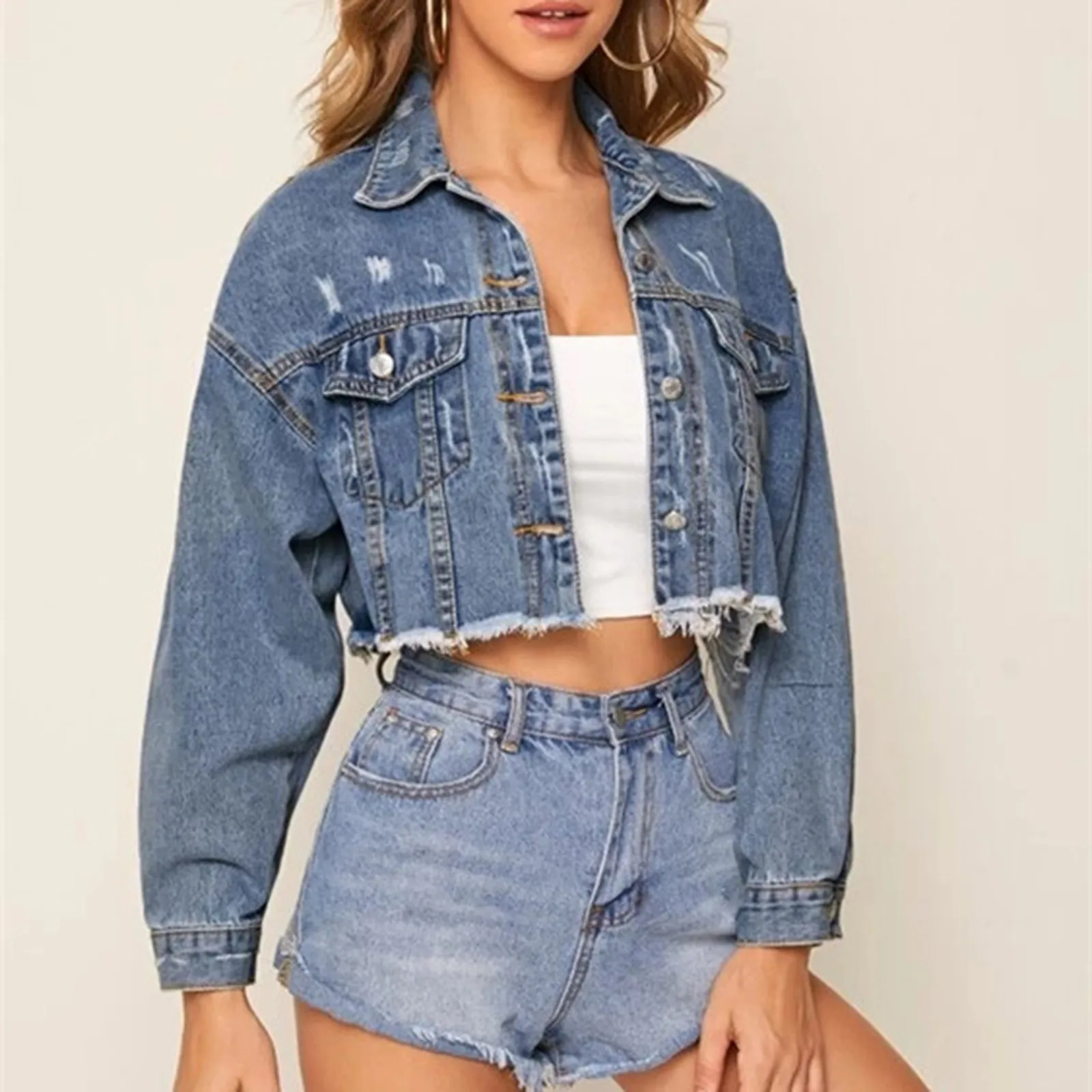 

Women Short Distressed Crop Denim Jackets Autumn Winter Classic Sexy Jean Jacket Female Plus Size Coat Streetwear chaquetas