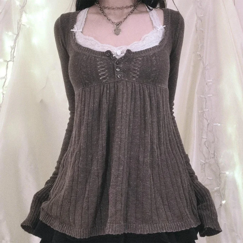 

2000s Vintage Long Sleeve Babydoll Knitted Sweater Tops Cottage Milkmaid Pullovers Aesthetic Grunge Y2k Knitwear T-shirts Women