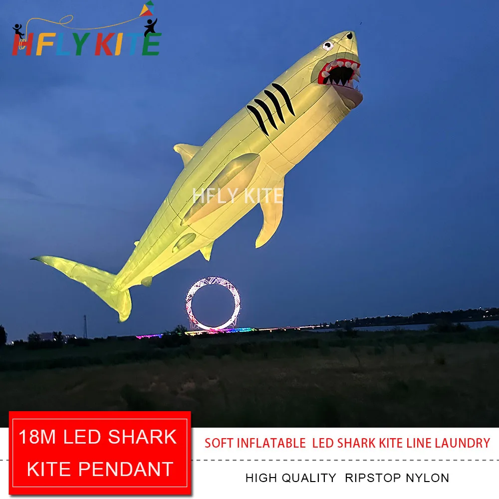 HFLY Nieuwe Aanwinst Zachte Opblaasbare Reuze 18m LED Haai Vlieger Lijn Wasgoed voor Volwassenen Hoge Kwaliteit Nylon Nachtshow Vliegers Hangertje