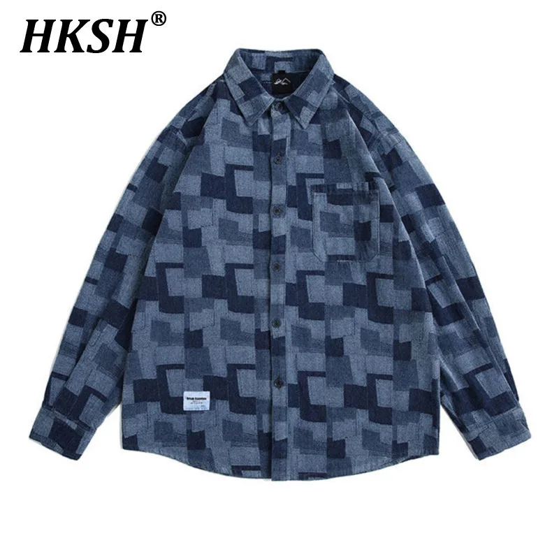 

HKSH Spring Autumn New Men Tide Y2K Original Design Patchwork Plaids Denim Shirts Jackets Loose Long Sleeve Tops Chic Ins HK5026