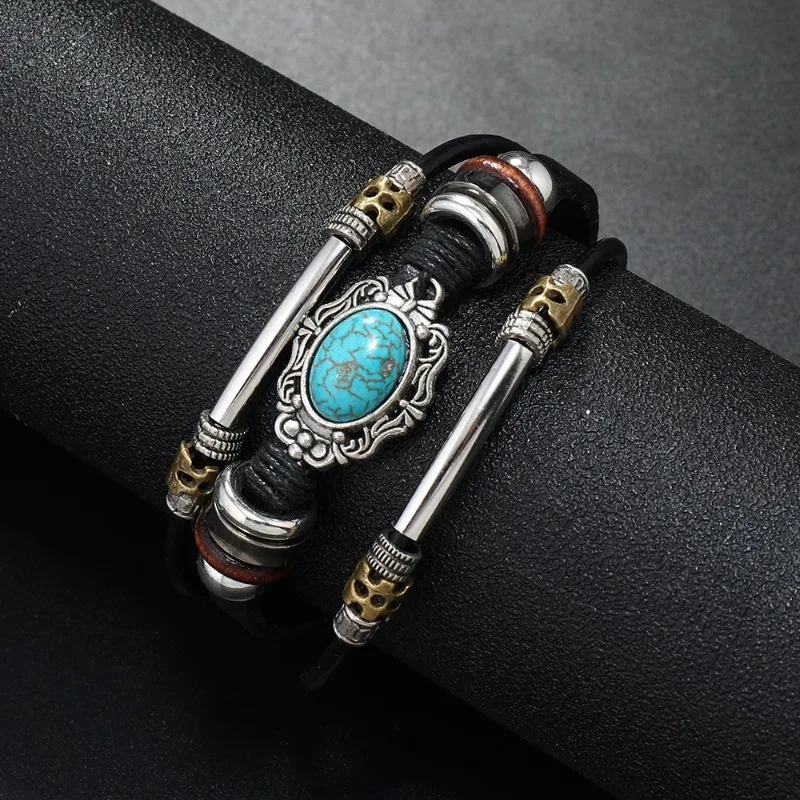 Men Bohemian Bracelet Imitation Turquoise Beaded Leather Durable Stainless Steel Clasp Cuff Hand Jewelry Birthday Gift for Party