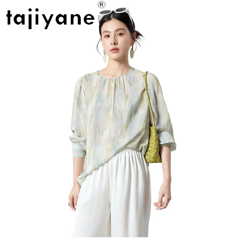 

TAJIYANE 100% шелковая блузка из тутового шелкопряда для женщин, 15 момме, с принтом, с длинным рукавом, элегантная повседневная весенняя блузка 2026, женская одежда