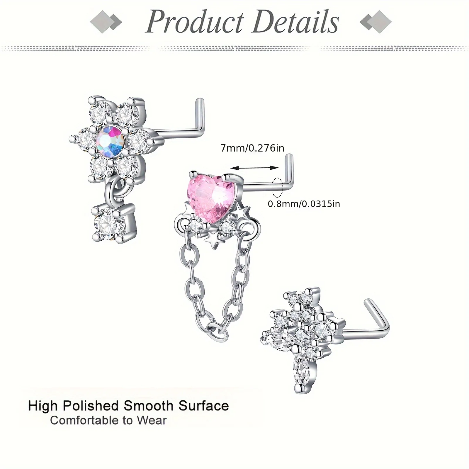 3pcs L-Shaped Nose Studs - Stainless Steel 20G with Sparkling CZ Gems, Heart & Butterfly Designs