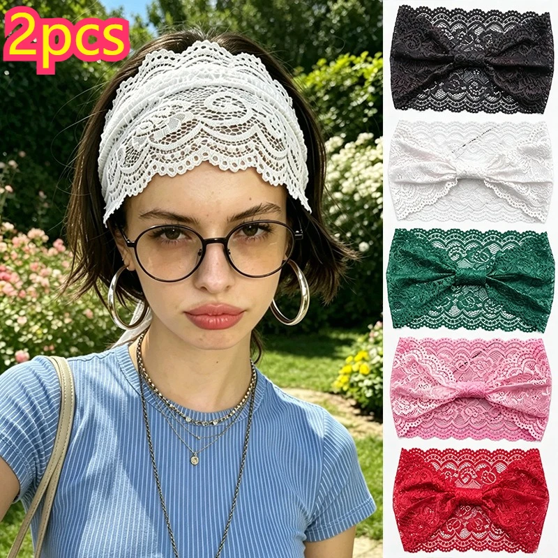 2pcs Women Vintage Scalloped Hollow Lace Headbands, Elastic Non Slip Hair Wraps, Breathable Sport Hair Bands For Daily Holiday