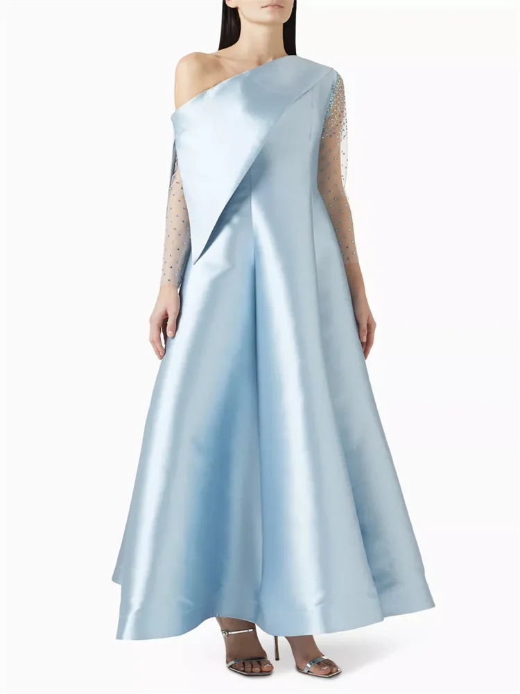 Customized Chic Rhinestone Formal Evening Dress One-shoulder Transparent Rhinestone Long-sleeved Draped Neckline A-line Dress