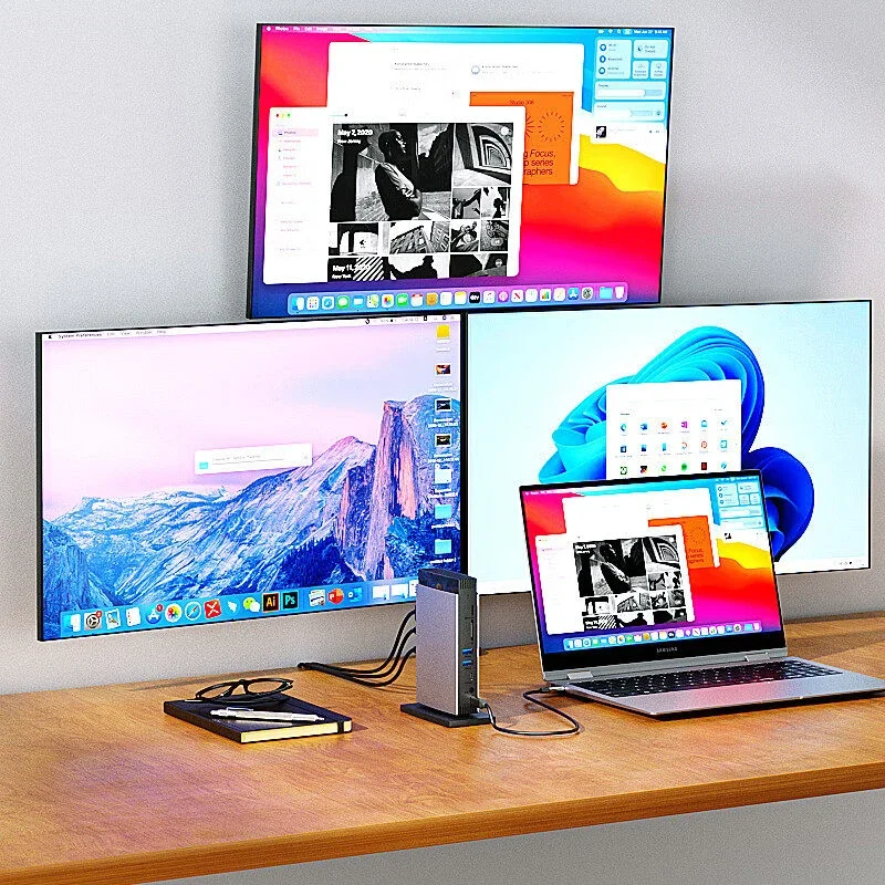 Vertical 12-in-1 USB-C Hub with PD 3.1 Input, Supporting 140W Power Delivery, Equipped with 2 8K DisplayPort Ports, 1 8K HDMI Po