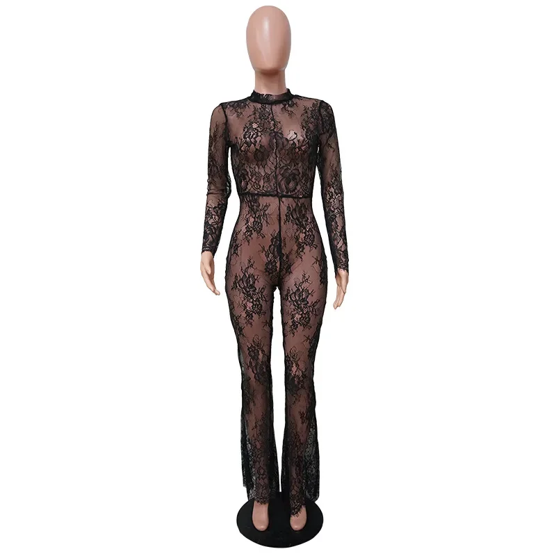 DSMTRC Long Sleeve One Pieces Wide Leg Jumpsuit Women Summer Clothes Fashion Black Lace Perspective Sexy Night Club Outfits