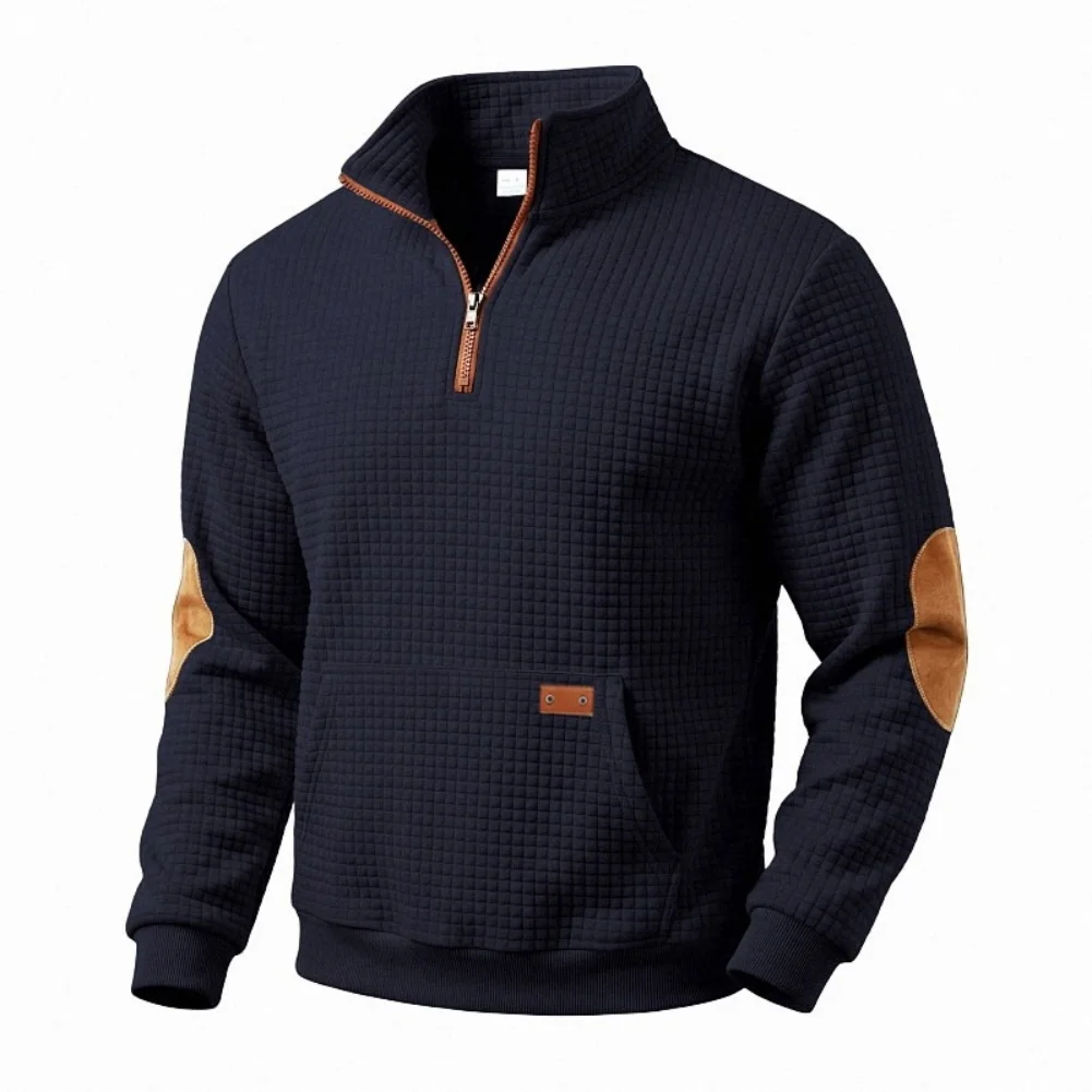 Half Zip Stand Collar Pullover Sweatshirt for Men with Solid Color Finish and Plaid Pocket for Vacation and Exercise