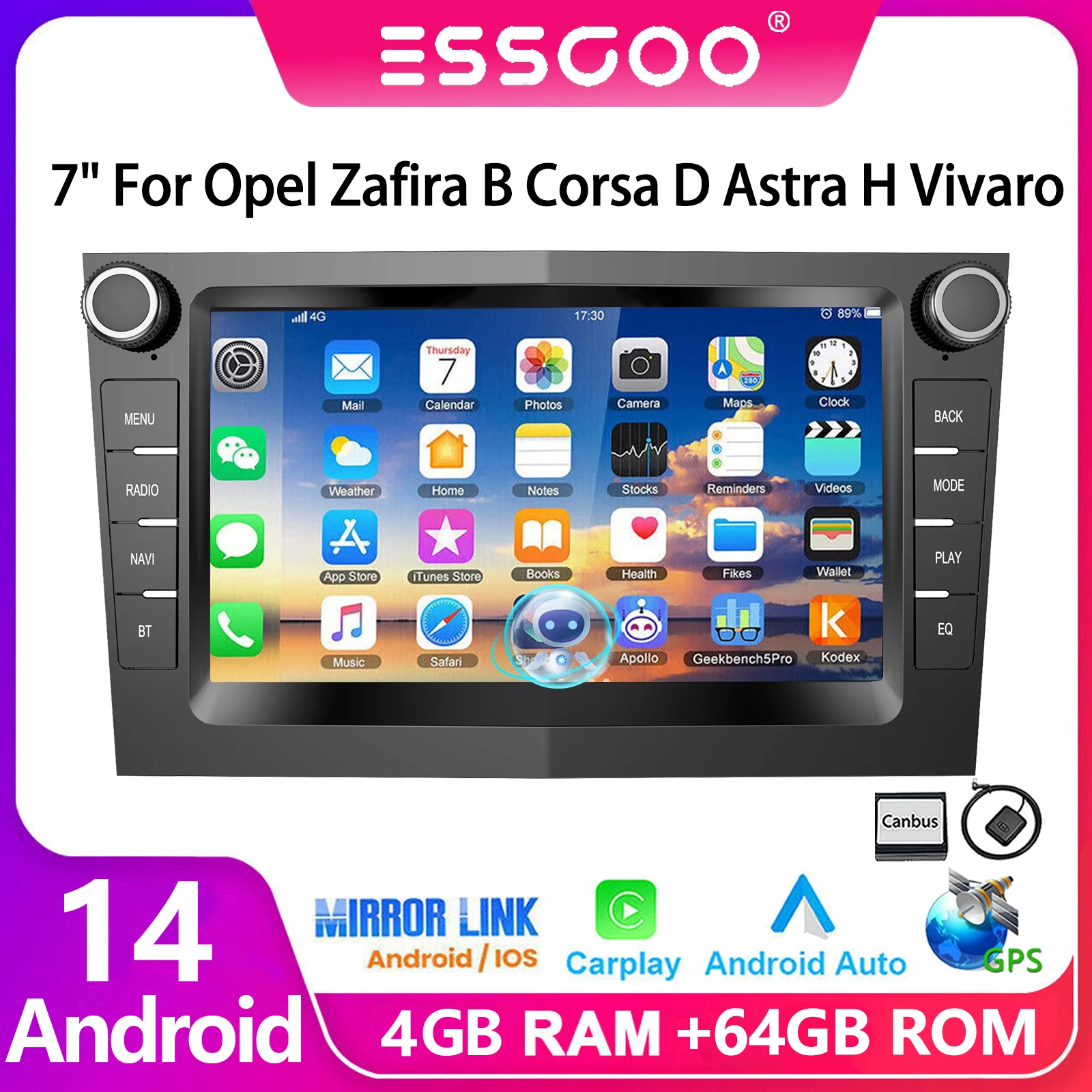 ESSGOO 7 "4 + 64GB أندرويد 14 ستيريو سيارة لتحديد المواقع نافي كاربلاي لأوبل فوكسهول أسترا G H كورسا C D زافيرا كومبو سيجنوم تيجرا واي فاي RDS
