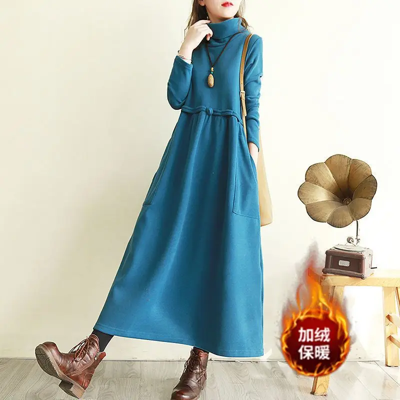 Plush Thickened Retro Artistic Dress Women Autumn and Winter New Style Knee Length Skirt Plus Size Loose Medium Length Dresses