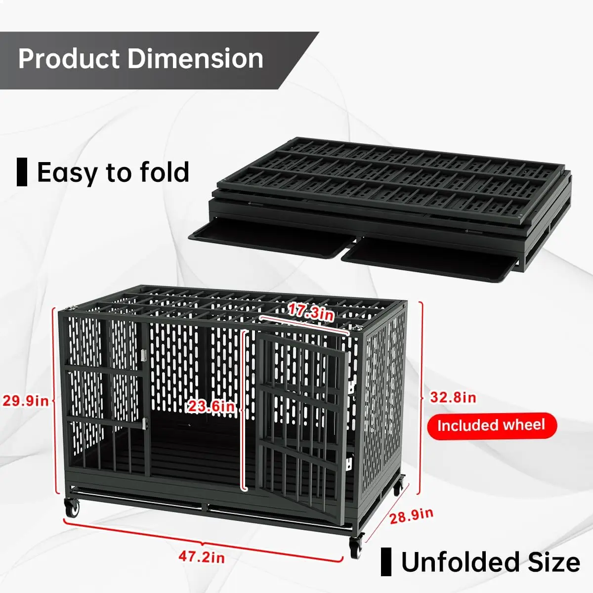 48 Inch Heavy Duty Dog Crate with Wheels, Folding Metal Big Dog Cage for Large and Medium Dogs Removable Tray