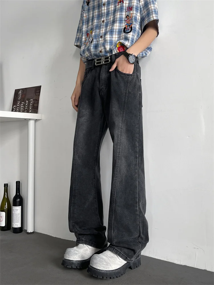 

Black Washed Jeans Men's American High Street Loose Straight Leg Retro Bell Bottoms Casual Youth Trendy Jeans Spring Fashion
