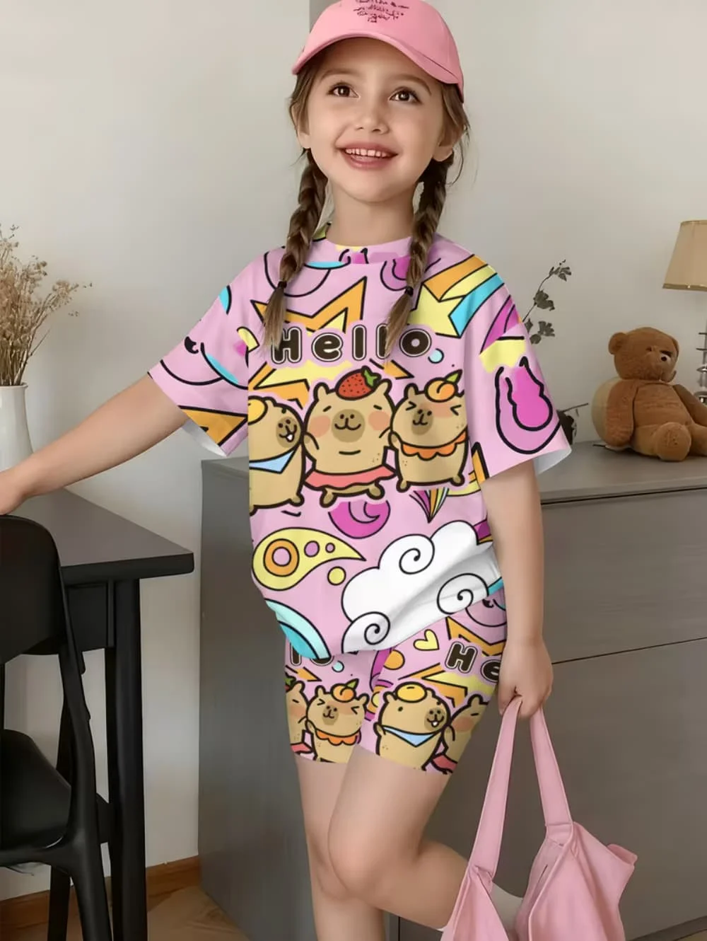 Ensemble de t-shirts graphiques Capybara pour enfants, été, col rond, manches courtes, short à taille élastique, ensemble 2 pièces, vêtements décontractés pour filles