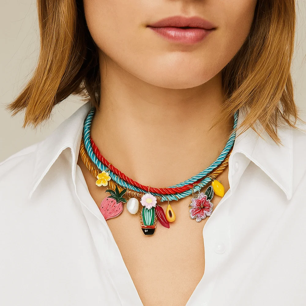 

Ethnic Style Flower Pendant Necklace Fruit Strawberry Nylon Rope Necklace Resin Jewelry Accessories Multi Layer Necklace Girls