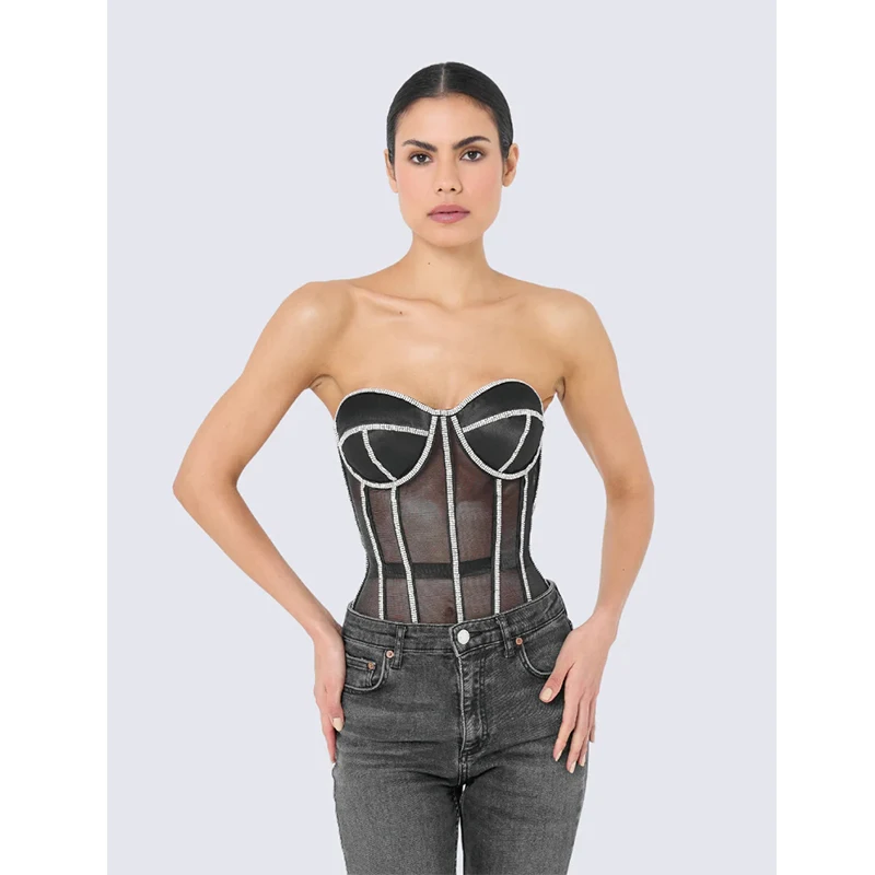 Luxury Crystal Women Corset Slim Bright Rhinestone Vest Sexy Transparent Black Lace Netting Female