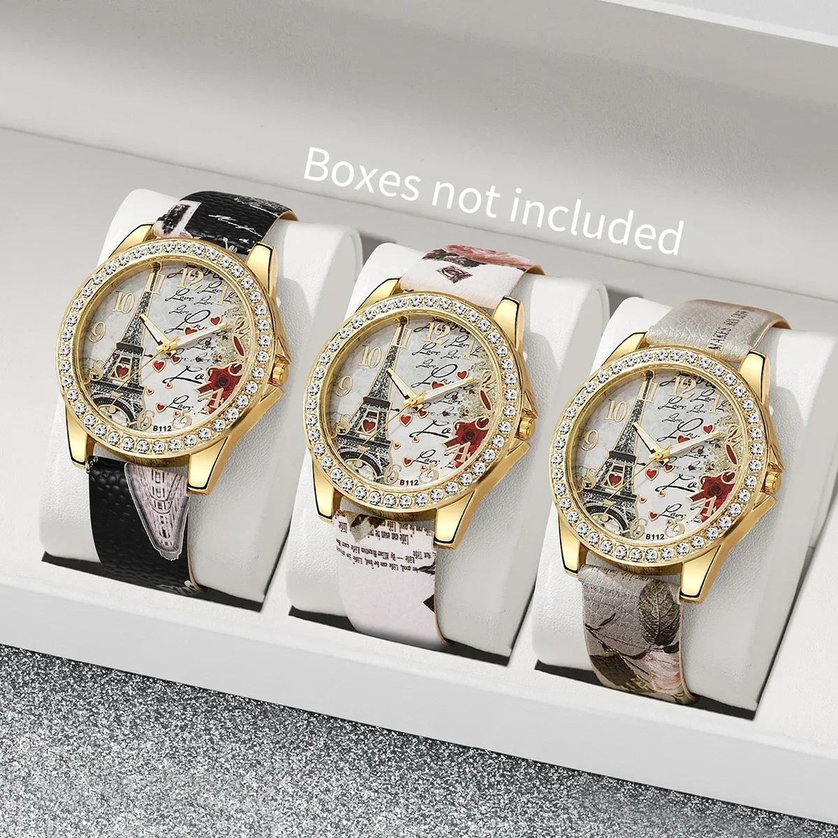 Sweet Dating Floral Print Leather Watch Set, 4-in-1 Marble Stone Charm Bracelets & Crystal Wristwatch Gift for Girls