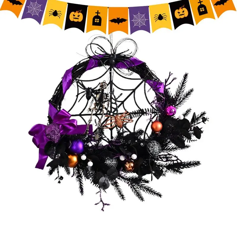 

Halloween Front Door Wreath Artificial Skeleton Head Spider Decorative Wreath Skull Leaves Ornaments Gothic Decor Handmade