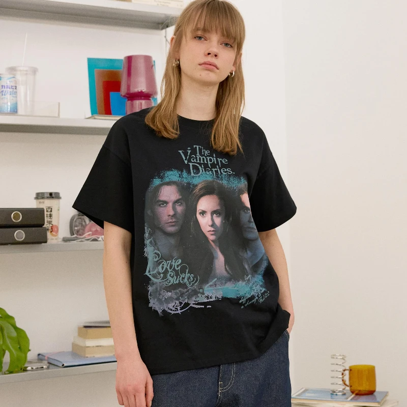 

2025 Summer The Vampire Diaries Short Sleeve 100% pure cotton printed T-shirt Tops Fashion Brand Bershka Oversized High End Top