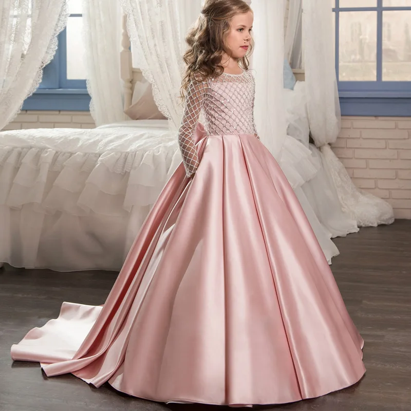 Cross-Border Trade New Children's Clothing Girls' Lace Satin Bow Small Train Flower Girl Princess Dress