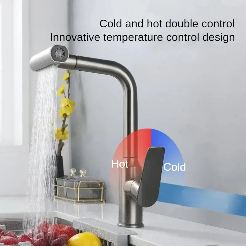단일 구멍 360 도 회전 가능한 풀아웃 주방 싱크 믹서 탭, 4 가지 기능 스트림 분무기, 온수 냉수 세면대 수도꼭지