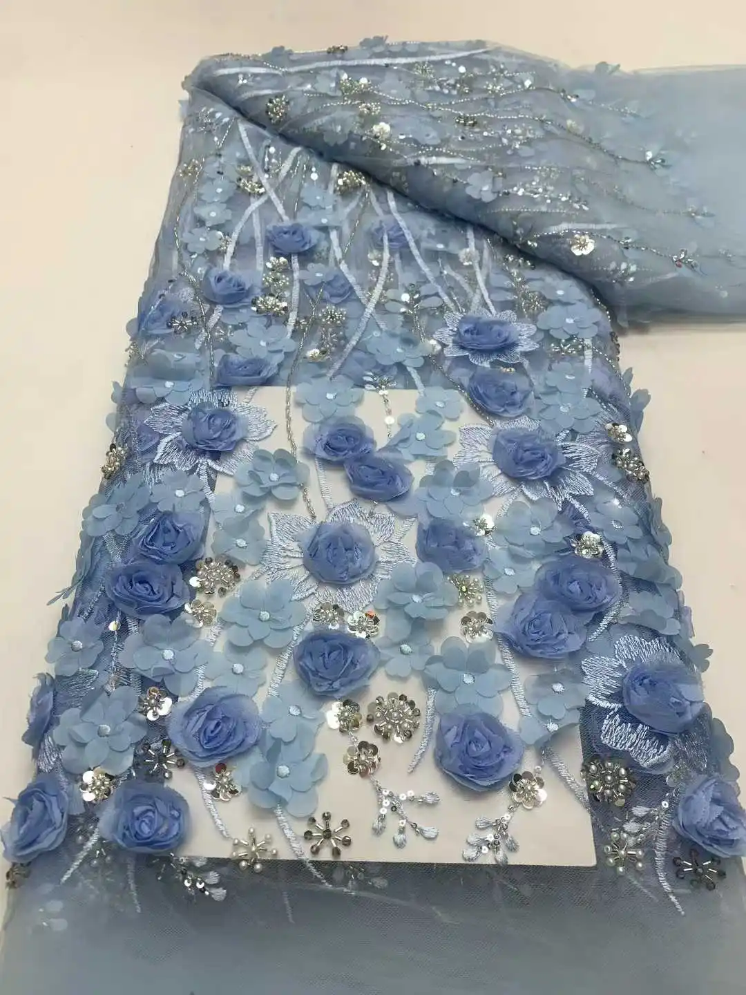 

French Beaded Sequins Lace Fabric High Quality 5 Yard Mesh Tulle 3D Flower African Lace Fabric Nigerian For Women Wedding Dress