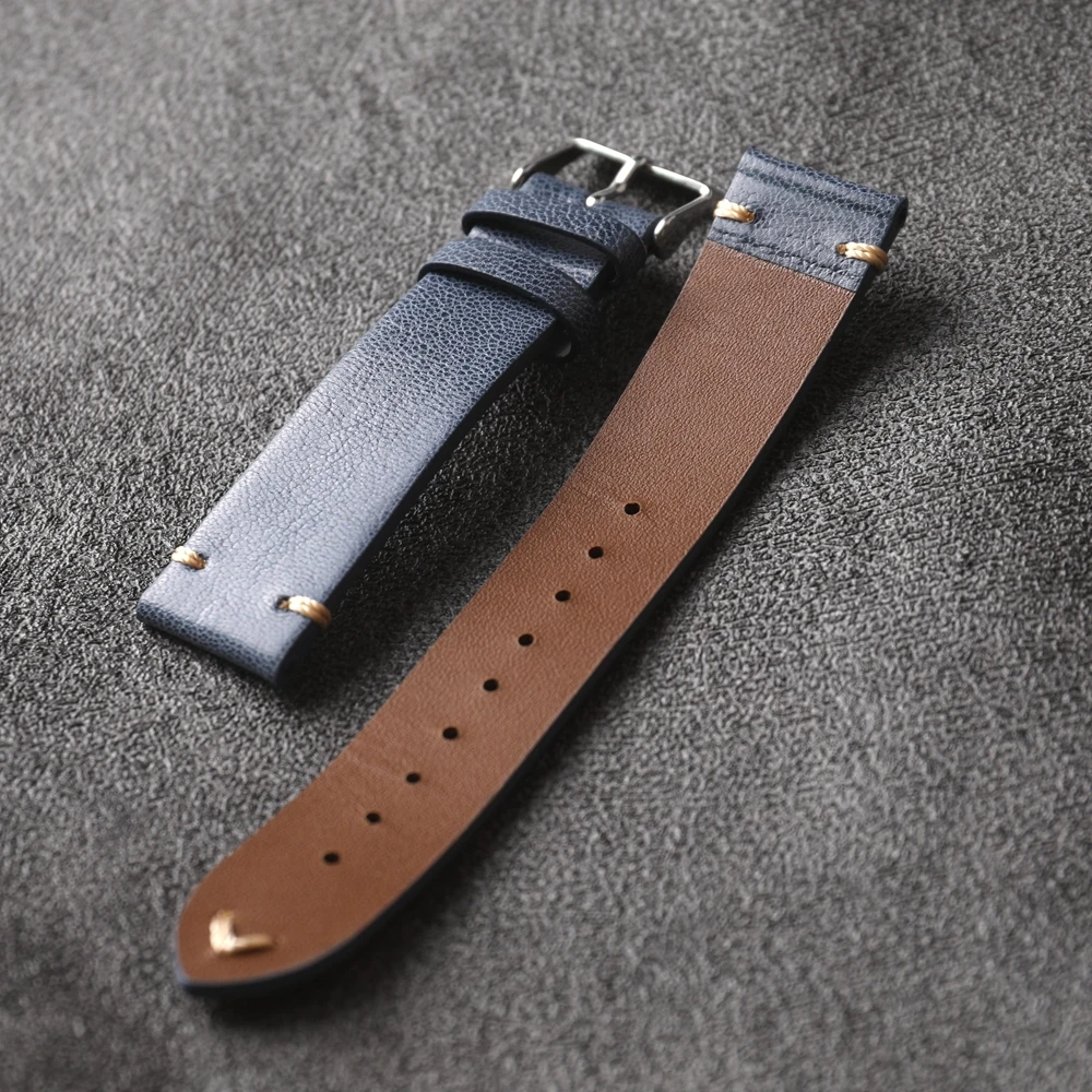 French Goatskin Strap, Handmade Blue Leather 20MM, Soft Style, Fine Leather Vintage Style Bracelet, Suitable For Antique Watches