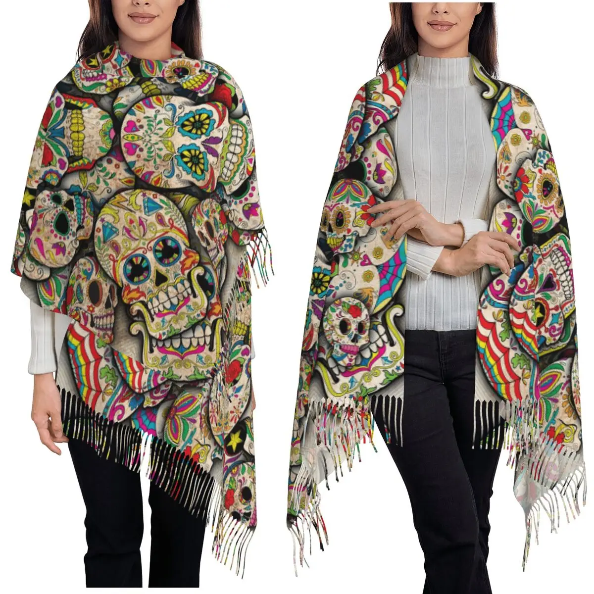 

День мертвых, шарф с сахарным черепом, шарфы с кисточками, женские мягкие теплые шали и накидки, большая осенне-зимняя шаль, накидка