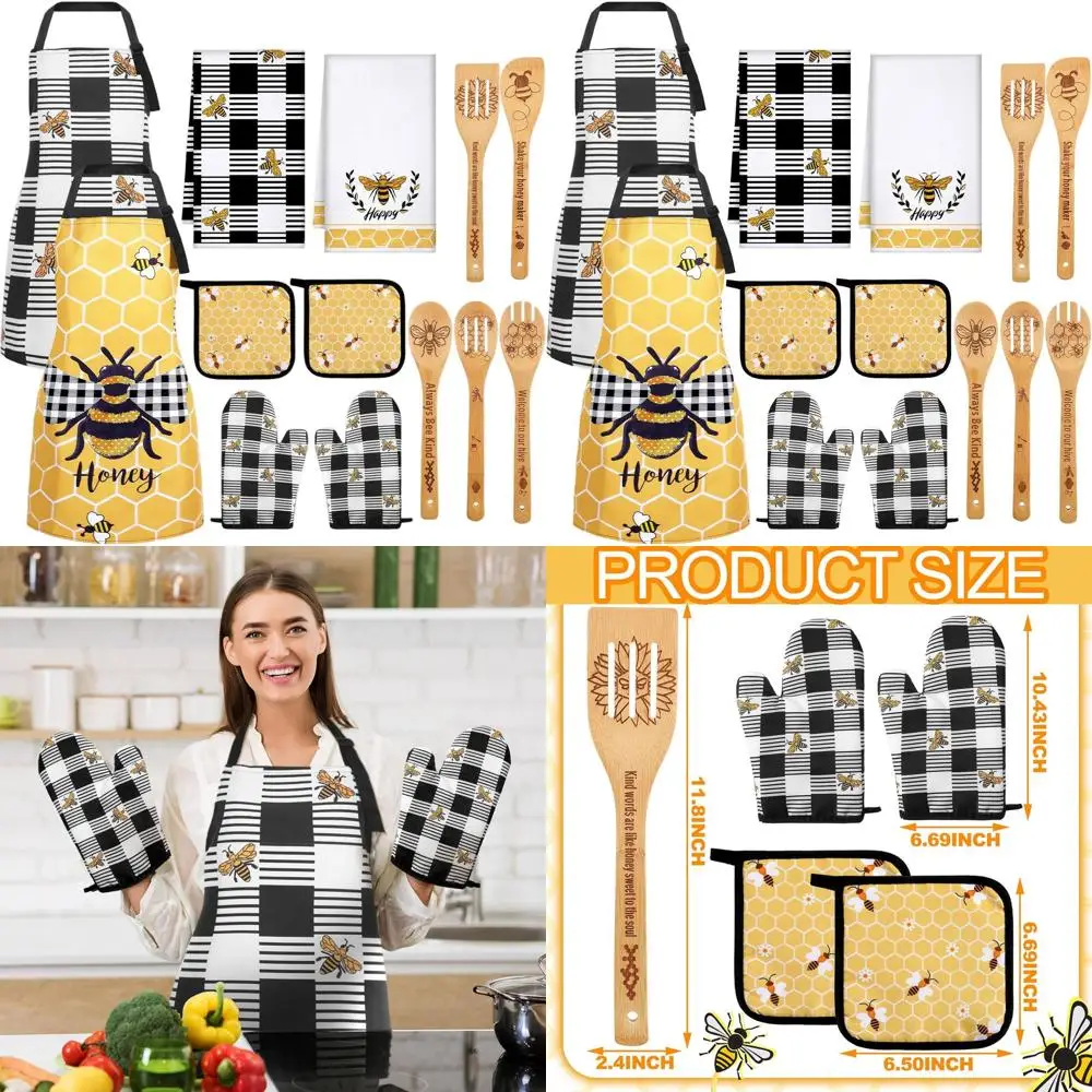 

13-Piece Bee & Sunflower Kitchen Set: Wooden Spoons, Towels, Apron, Mitts, Pot Holders - Perfect Housewarming Gift (Yellow)
