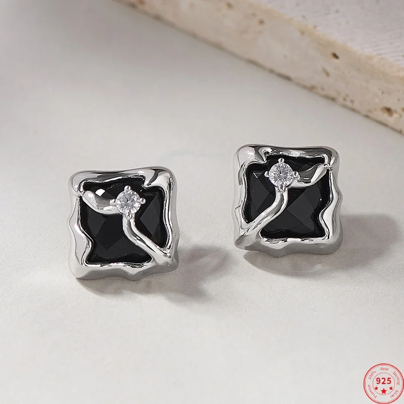 

S925 Sterling Silver Charms Studs Earrings for Women New Fashion Geometric Square Agate Zircon Ear Studs Jewelry Free Shipping