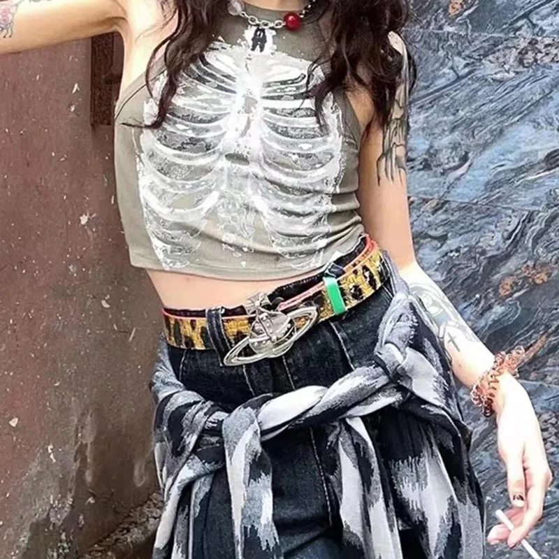 Chaleco sin mangas de canalé con estampado de esqueleto de rayos X para mujer, Top corto de diseñador, ropa Punk estética ciber Retro, Emo de verano, 2024