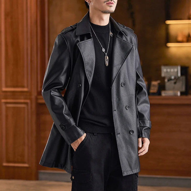 

Sli Retro Collar Double Row Button Men's Leather Jaet Autumn Winter New Faion Urban Casual Motorcycle Sle Coat