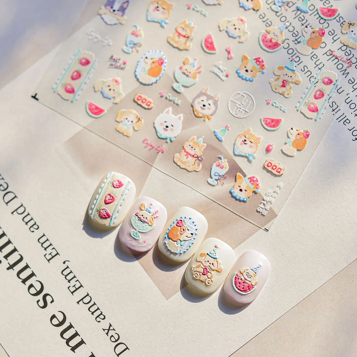 

Summer Cartoon Puppy Nail Stickers Watermelon Puppy Self Adhesive Stickers For Nails DIY 3D Fruits Cute Nail Art Manicure Decals