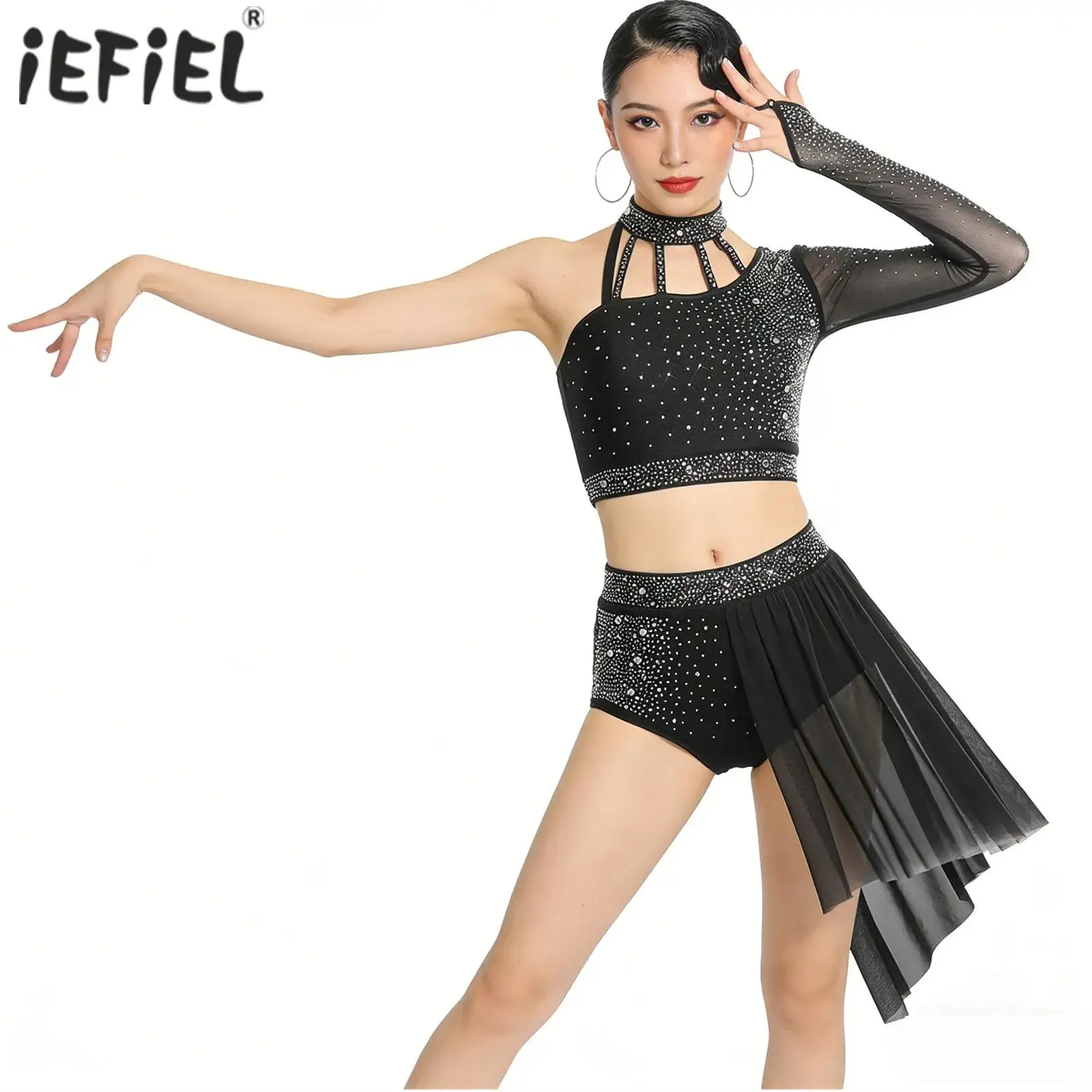 

Womens Rhinestone Latin Ballet Lyrical Dance Outfits Performance Costume Halter Long Sleeve Stappy Back Crop Top And Shorts
